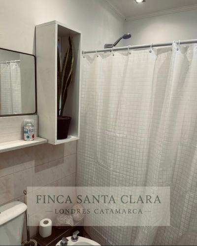 a bathroom with a shower curtain and a toilet at Finca Santa Clara in Londres