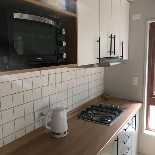 a kitchen with a stove top and a microwave at Cabaña Valdivia, Refugio Rio Cruces in Valdivia