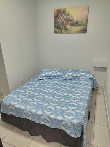 a bed in a bedroom with a picture on the wall at Apartamento loft in Poços de Caldas