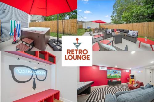 a collage of pictures of a patio with a red umbrella at Hot Tub - Mins to Short North - Retro Game Room in Columbus