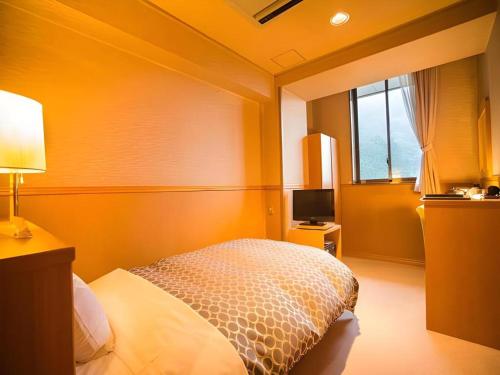 a bedroom with a bed and a window and a television at Hotel Hikyounoyu in Miyoshi