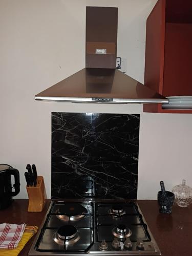 a kitchen with a stove top oven with a hood at Chetty Tourist Residence in Pereybere