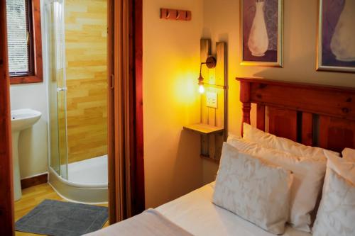 a bedroom with a bed and a bathroom with a shower at Riverman Cabin Country Lodge - Tonteldoos in Tonteldoos