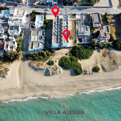 an aerial view of a beach with two red pointers at Villa Alessia - La Conchiglia in San Pietro in Bevagna