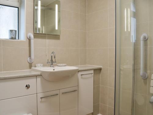 a bathroom with a sink and a shower at The Bungalow in Topsham