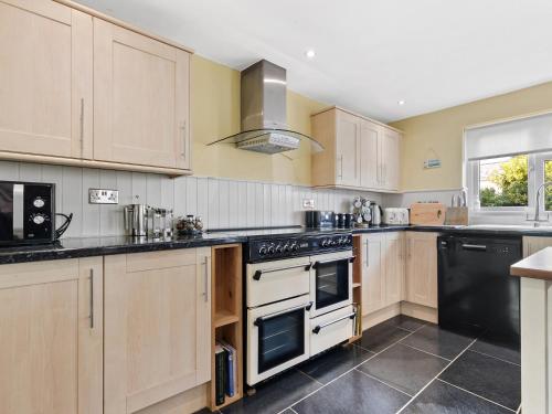 a kitchen with wooden cabinets and a stove top oven at Bryn Olwyn in Little Newcastle