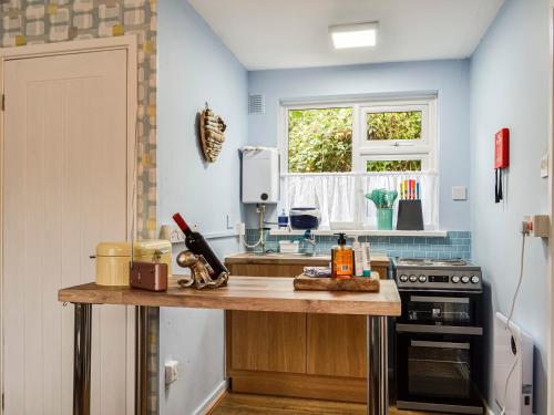 a kitchen with a counter with a stove and a window at Two Peas In A Pod in Henfynyw Upper