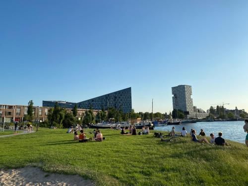 a group of people sitting on the grass by the water at Cosy Studio, with outdoor swimming in Amsterdam