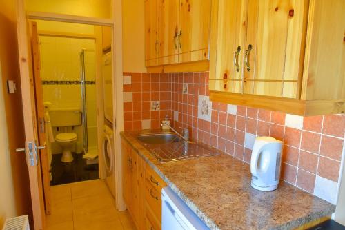 a small kitchen with a sink and a toilet at Achill Cottages in Achill Sound