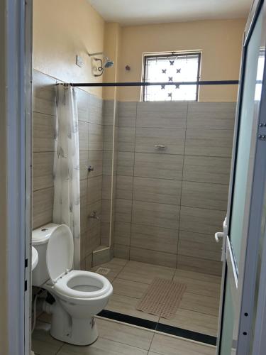 a bathroom with a toilet and a shower at Comfy Apartments in Mombasa