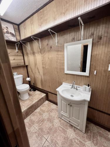 a bathroom with a sink and a toilet at Spacious Lake Retreat for Families in Saint Cloud