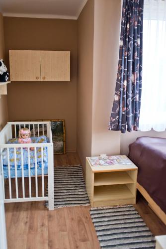 a baby room with a crib and a window at Slovakia; space, tranquility and plenty of opportunities! Be welcome in Strawberry House! in Brzotín