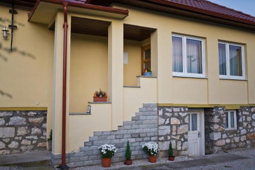 a yellow house with potted plants on the steps at Slovakia; space, tranquility and plenty of opportunities! Be welcome in Strawberry House! in Brzotín