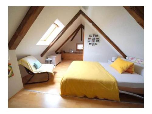 a bedroom with a bed and a chair in a attic at Andi s Berghütte Comfortable holiday residence in Kötschendorf