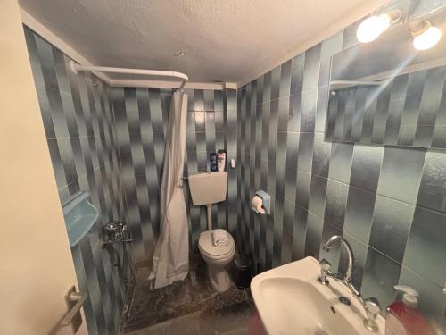 a small bathroom with a toilet and a sink at Summer Holidays in Nea Kalikratia