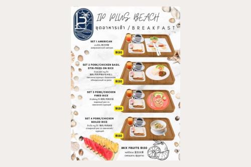 Un menú para un desayuno en un restaurante que rompe las reglas en IP PLUS BEACH RESORT Koh Larn, en Koh Larn
