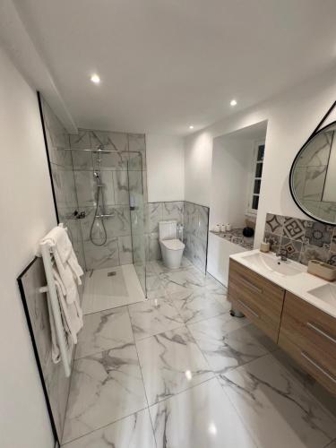 une salle de bain avec une douche, des toilettes et un lavabo dans l'établissement Hostellerie Les Griffons, à Bourdeilles