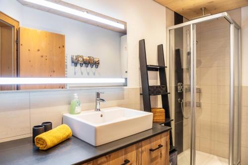 a bathroom with a sink and a glass shower at Apart Celina in Oetz