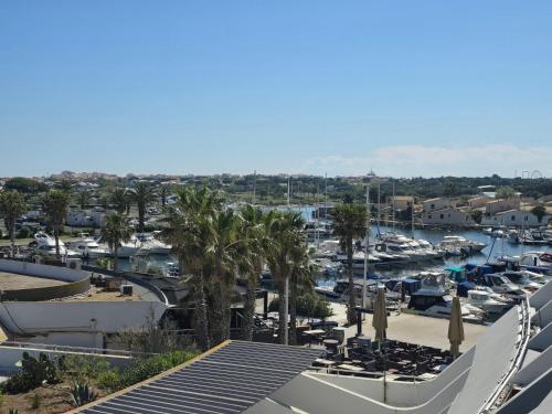 a view of a marina with boats in the water at 2Cap d'Agde NATURISTE Grand T2 de standing avec GARAGE privé in Cap d'Agde
