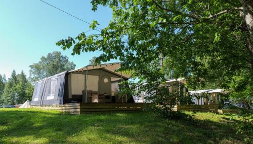 a house on a grassy field with a tree at Topcamp Bogstad - Oslo in Oslo