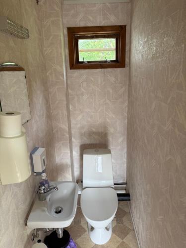 a small bathroom with a toilet and a sink at Sunde Fjord view, easy and cheap! in Sula