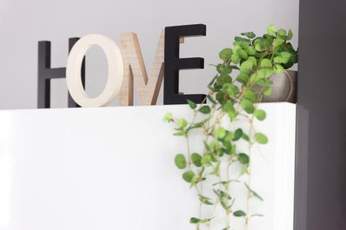 a potted plant sitting on top of a sign at Spazioso appartamento con terrazzo Navigli, Bocconi in Milan