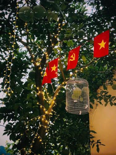 a tree with chinese flags and a bird cage at Tràng An Sunny River Homestay in Ninh Binh