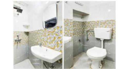 two pictures of a bathroom with a toilet and a sink at Tridev paying guest house in Varanasi