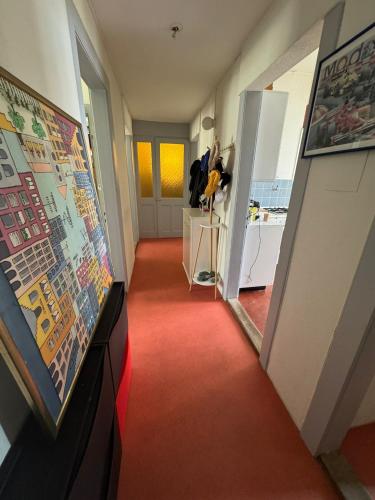 pasillo con alfombra roja en una habitación en Rustic lakeside gem with rooftop looking to Zurich see, en Zúrich