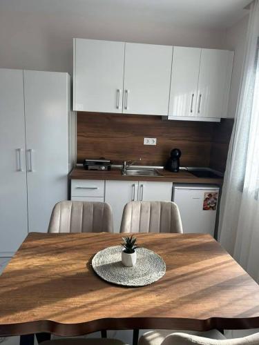 a kitchen with a wooden table with a potted plant on it at Alex Studios Paralia Vrasna in Asprovalta