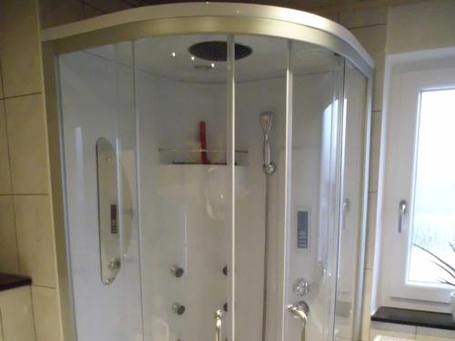 a shower with a glass enclosure in a bathroom at Ferienwohnung in Rositz