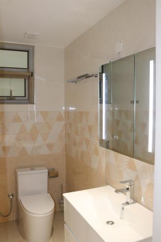 a bathroom with a toilet and a sink and a mirror at Palatial Luxury Hotel and Apartment Juba in Juba