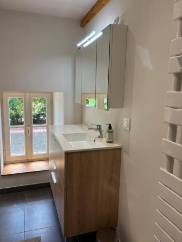 ein Badezimmer mit Waschbecken und Spiegel in der Unterkunft La marmotte in Le Vanneau