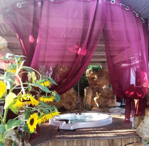 a fountain in a deck with purple curtains and flowers at Il Giardino dei Flintstones B&B in Cerveteri