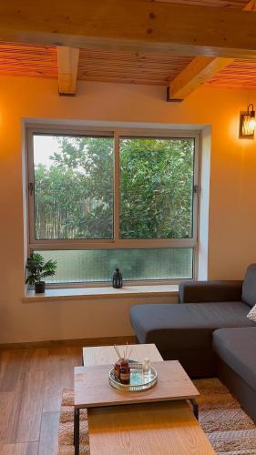 a living room with a couch and a large window at נופש בהגושרים in Hagoshrim