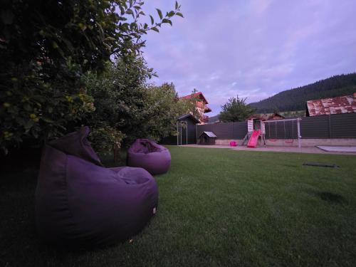 a yard with two large purple inflatable objects on the grass at Rădăcini in Câmpulung Moldovenesc