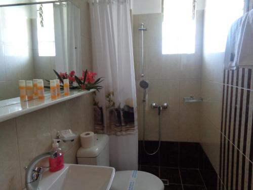 a bathroom with a sink, toilet and tub at Angela Hotel in Agia Marina Aegina