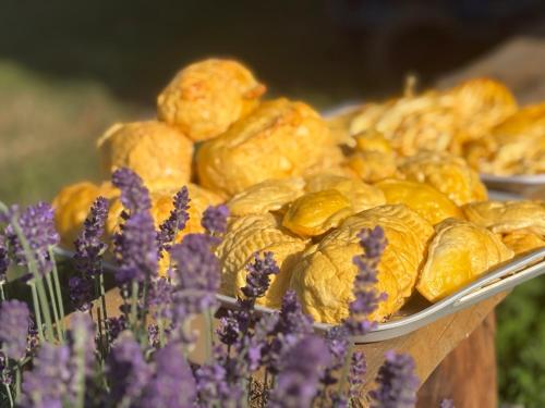 a plate of pastries on a table next to purple flowers at Agroturystyka Na Wypasie in Grywałd