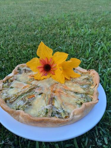 a pie with a flower on a plate on the grass at La Casa di Linda in Mirano