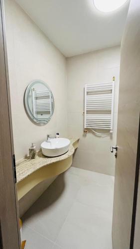 a bathroom with a sink and a mirror at Vitality Apartman in Makó
