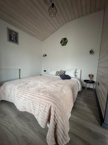 a white bedroom with a large bed with a blanket at Family House Volosianka in Volosyanka