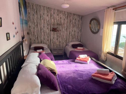 two beds in a room with purple sheets at Estudios kylie y Evelyn in Santa Cruz de Tenerife