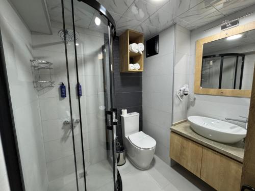 a bathroom with a shower and a toilet and a sink at Alican 1 Hotel in Izmir