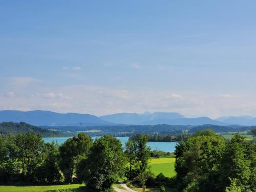 a view of a lake and mountains in the distance at Ferienwohnung bei Helga in Tittmoning
