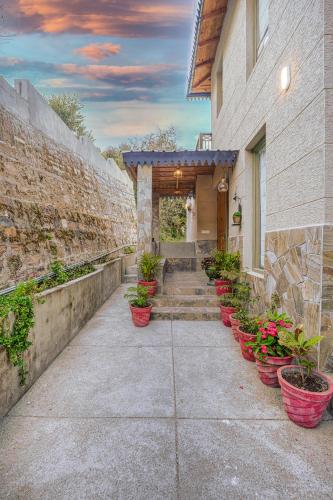 a row of potted plants on the side of a building at SaffronStays Edelweiss Estate Amore in Chaubattia
