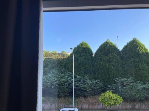 a window with a view of a forest of trees at Hotel Capital de Galicia in Santiago de Compostela