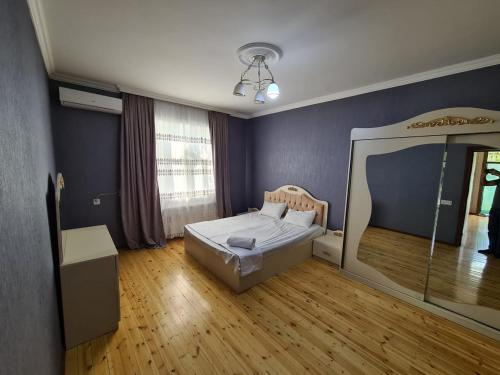 a bedroom with a bed and a mirror in it at QQS villa with swimming pool in Gabala