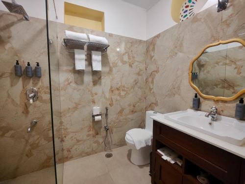 a bathroom with a shower and a sink and a mirror at Hotel Narain Niwas Palace in Jaipur