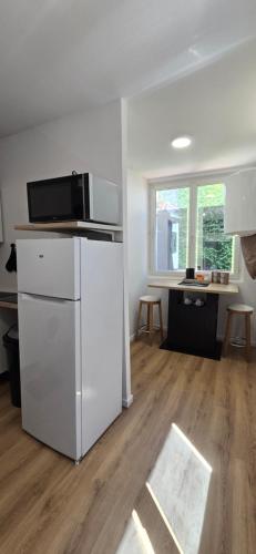 a kitchen with a white refrigerator and a microwave at Sweet Escape -T1 bis romantique in Bourg-lès-Valence