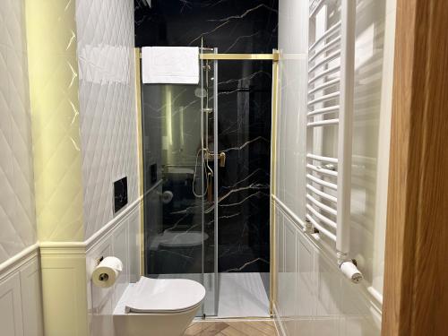 a bathroom with a toilet and a glass shower at NOWE !!! Apartamenty OFF PIOTRKOWSKA w Roosevelta Residence, Klimatyzacja, Wejście na KOD, WiFi, FV in Łódź